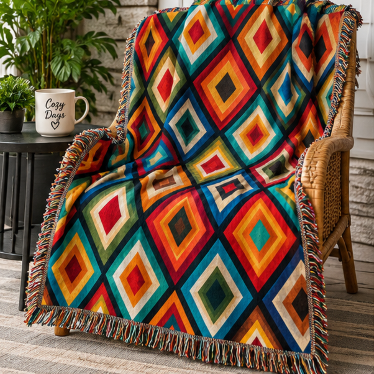 Colorful geometric woven blanket featuring layered diamond patterns in red, orange, blue, turquoise, green, gold and cream.