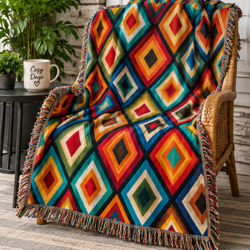 Colorful geometric woven blanket featuring layered diamond patterns in red, orange, blue, turquoise, green, gold and cream.