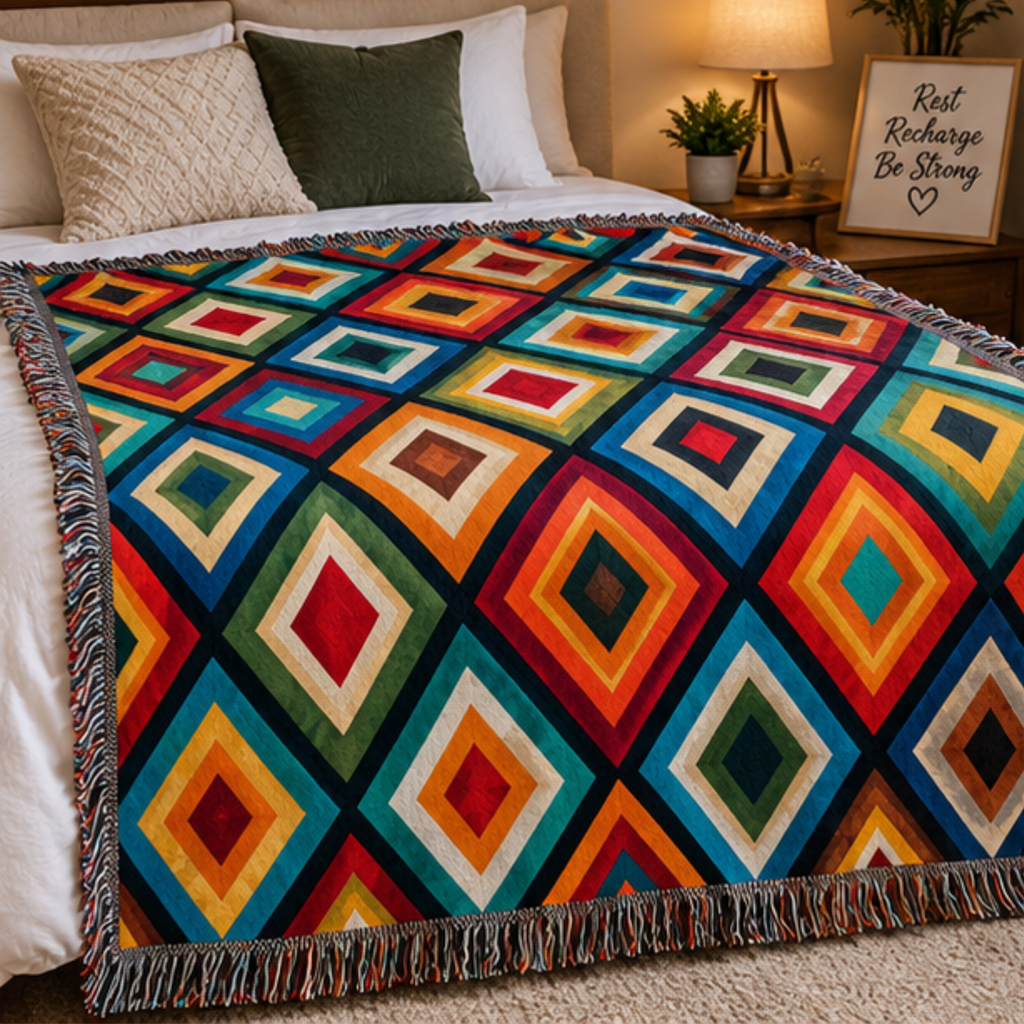 Colorful Diamond Mosaic Woven Blanket | Geometric Throw Blanket