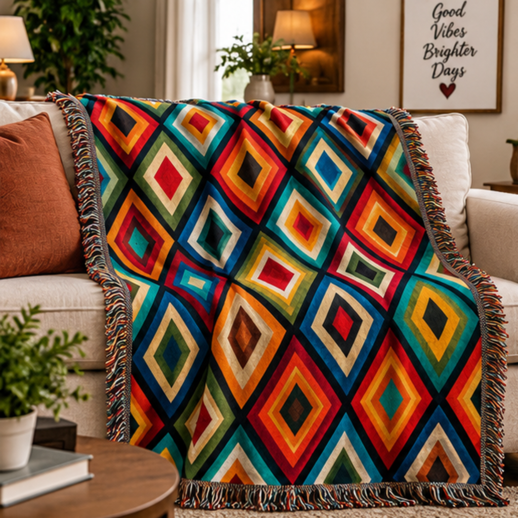 Colorful Diamond Mosaic Woven Blanket | Geometric Throw Blanket