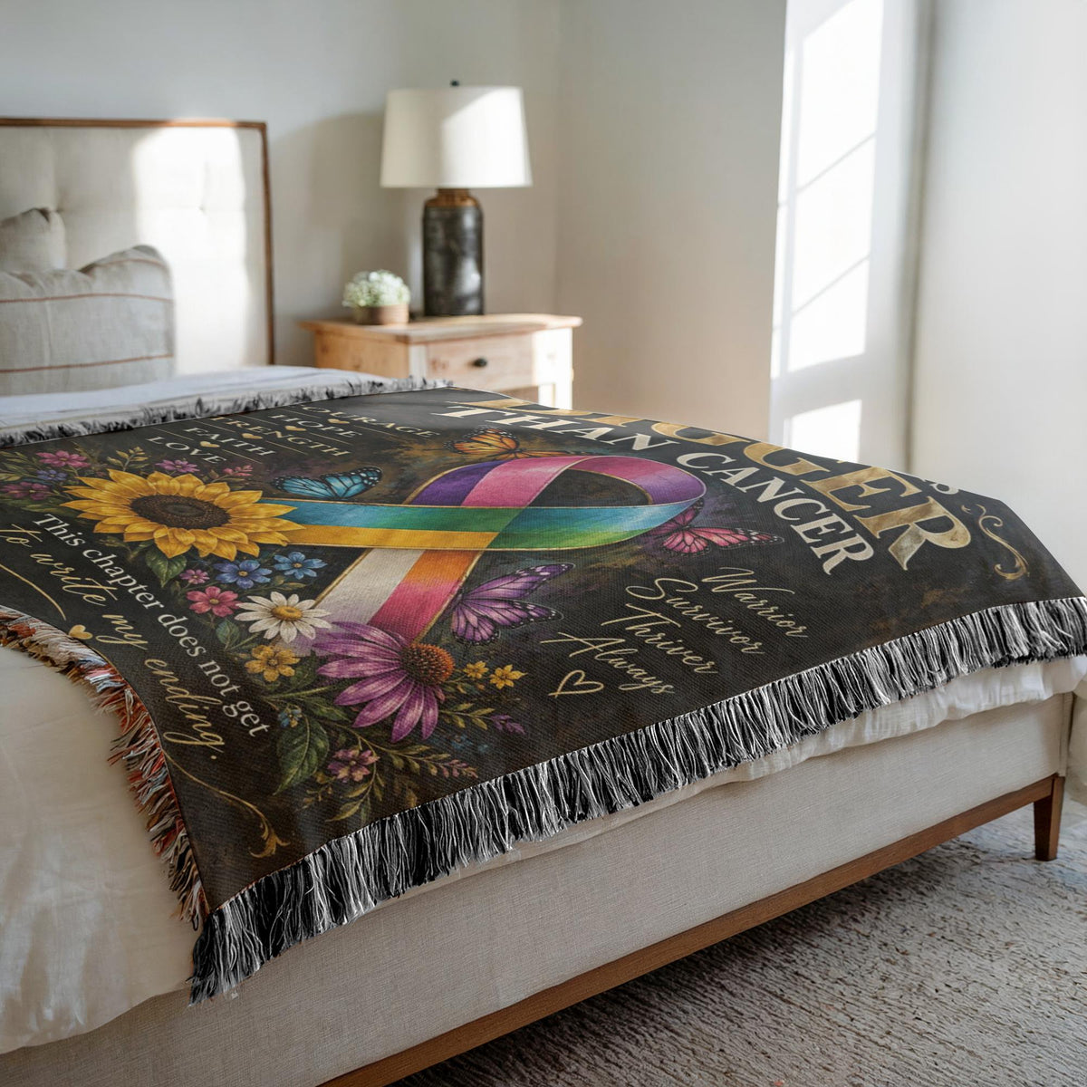 My Story Is Bigger Than Cancer woven blanket featuring a multicolor cancer awareness ribbon, butterflies, flowers and inspirational words of hope, courage and strength.