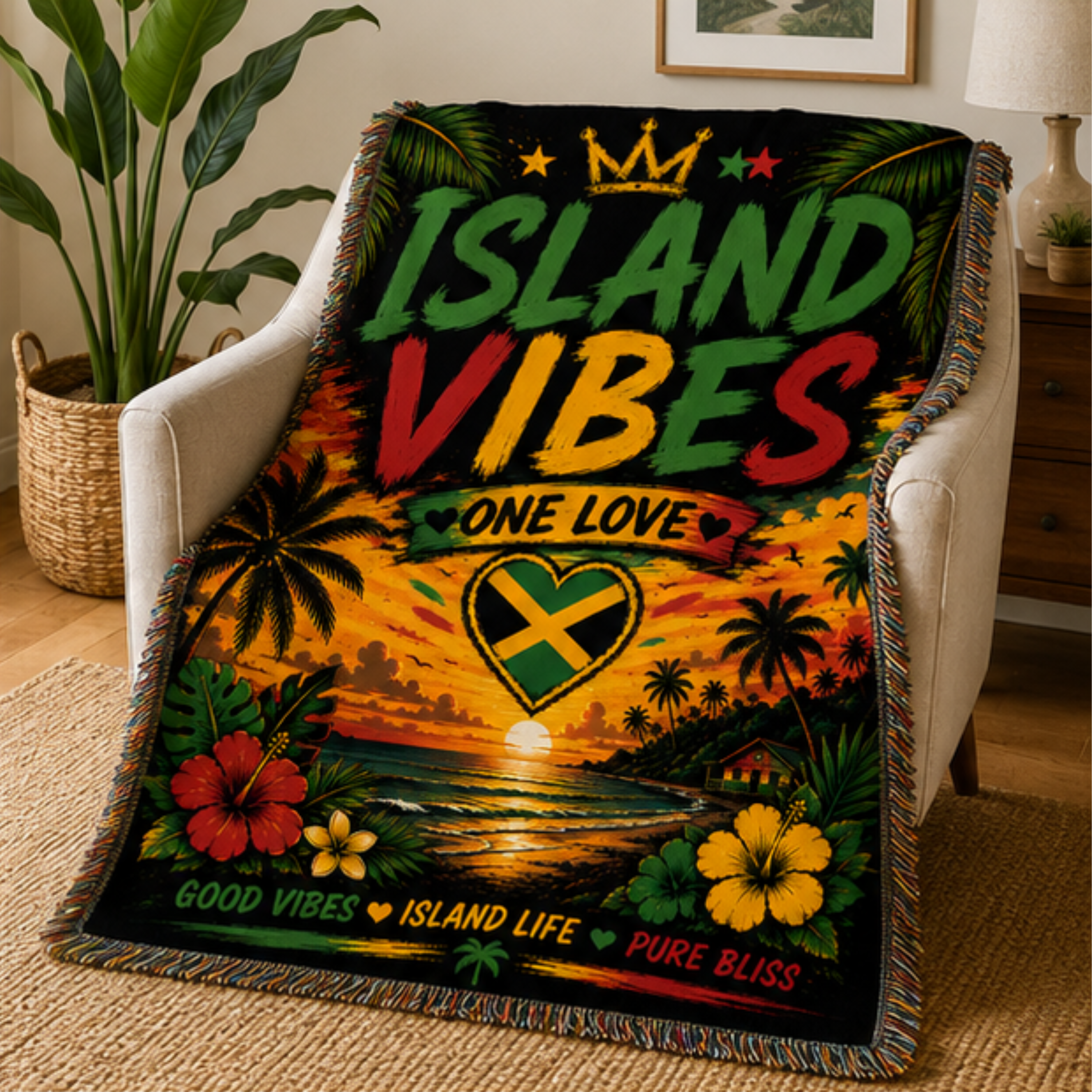 Island Vibes One Love Woven Blanket | Tropical Caribbean Throw | Beach House Decor