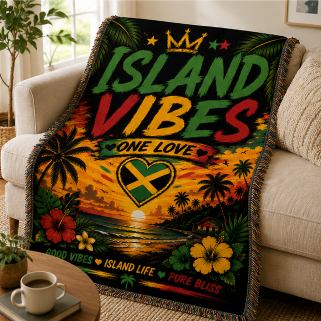 Island Vibes One Love Woven Blanket | Tropical Caribbean Throw | Beach House Decor