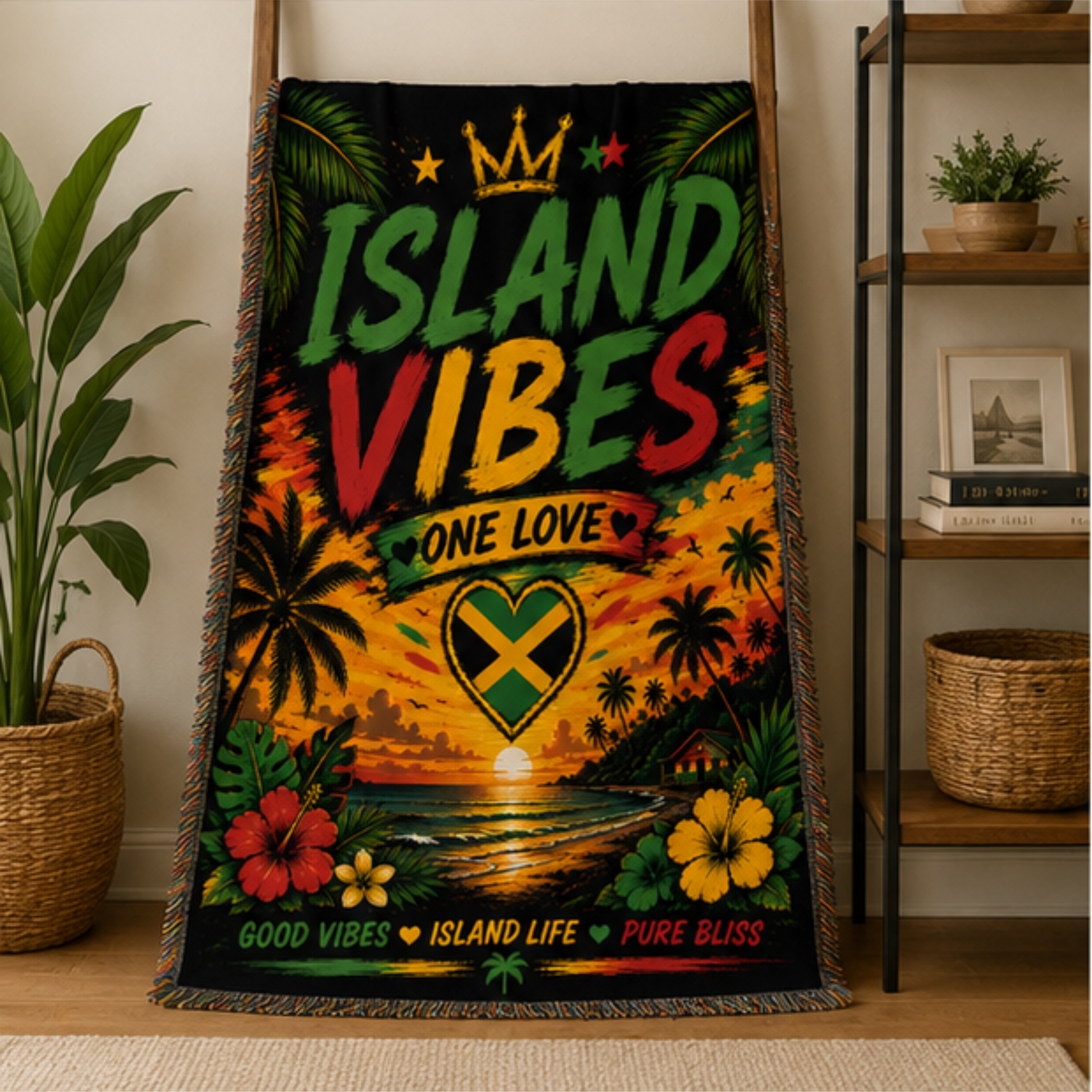Island Vibes One Love Woven Blanket | Tropical Caribbean Throw | Beach House Decor