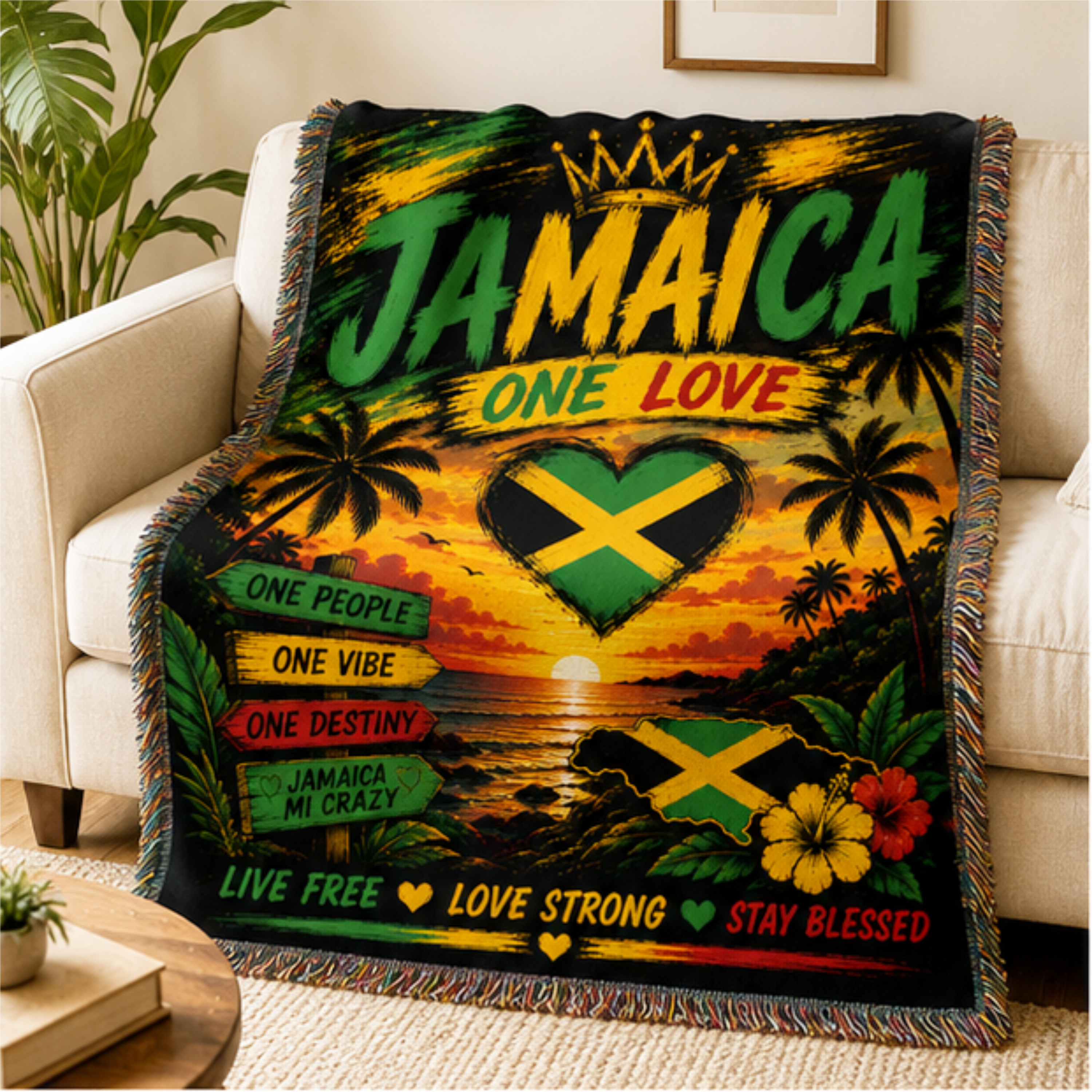 Island Vibes One Love Woven Blanket | Tropical Caribbean Throw | Beach House Decor