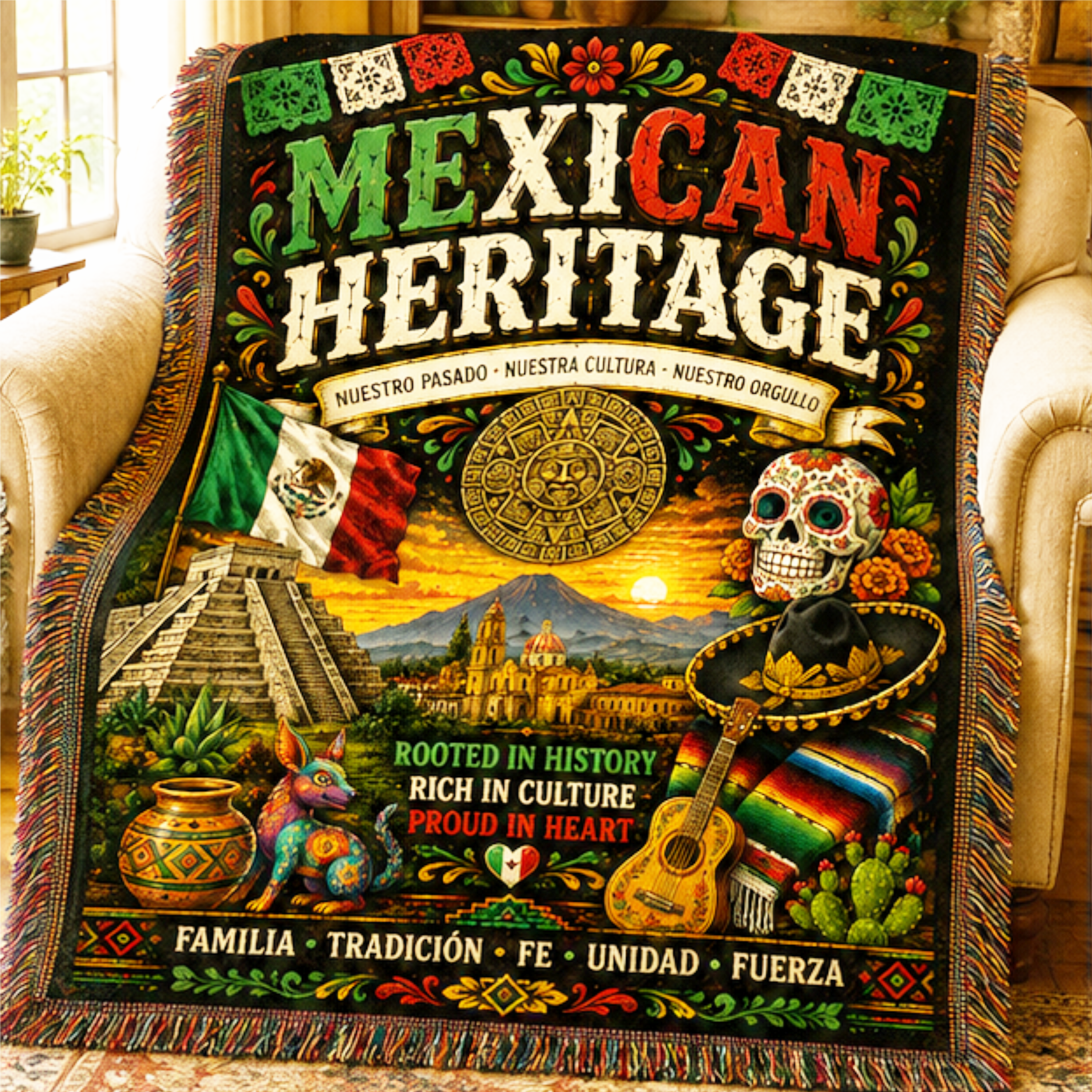 Mexican Heritage Woven Blanket | Mexican Culture Throw Blanket | Fiesta Home Décor | Heritage Wall Tapestry | Cultural Gift