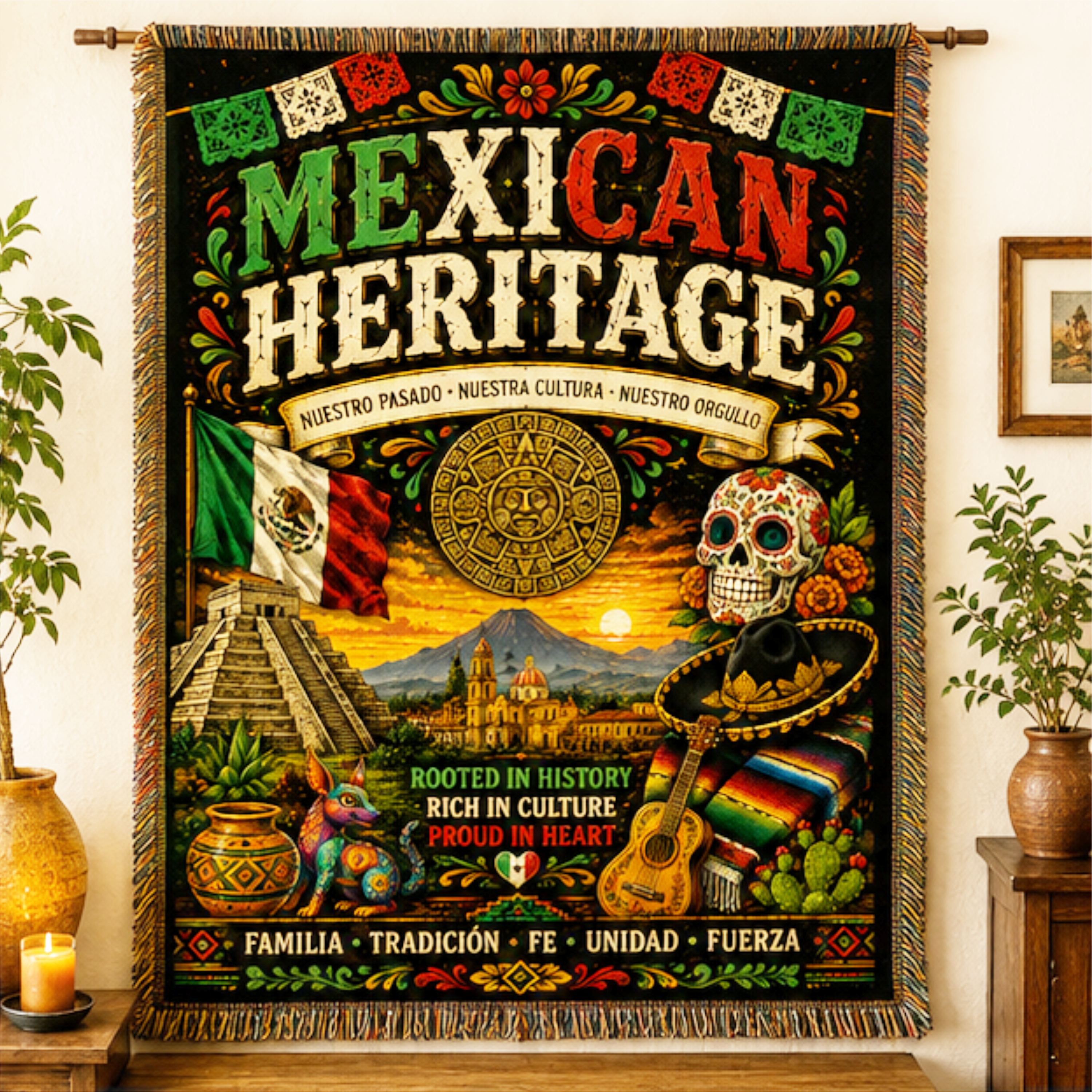 Mexican Heritage woven blanket featuring Chichén Itzá, Aztec calendar, Mexican flag, Día de los Muertos sugar skull, mariachi guitar, sombrero, papel picado, and colorful cultural artwork displayed in elegant home settings.